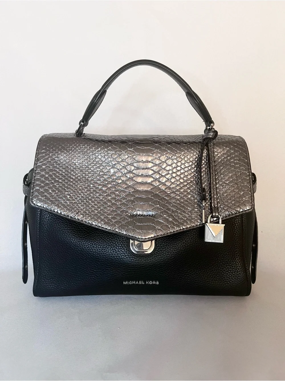 Michael Kors Black & Metallic Silver Snakeskin Embossed Satchel Handbag